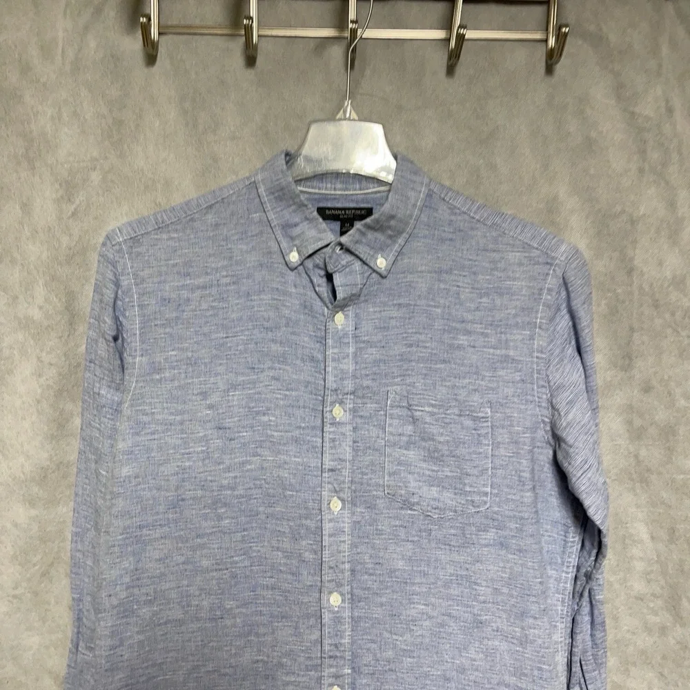 Banana Republic Shirt Men M Blue Linen Cotton Slim Button Up‎ Academia Vacation